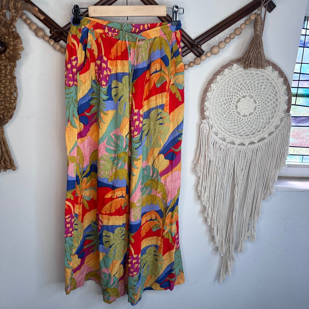 Christian Sirano Tropical Wide Leg Pineapple Leaf Print Palazoo Pants